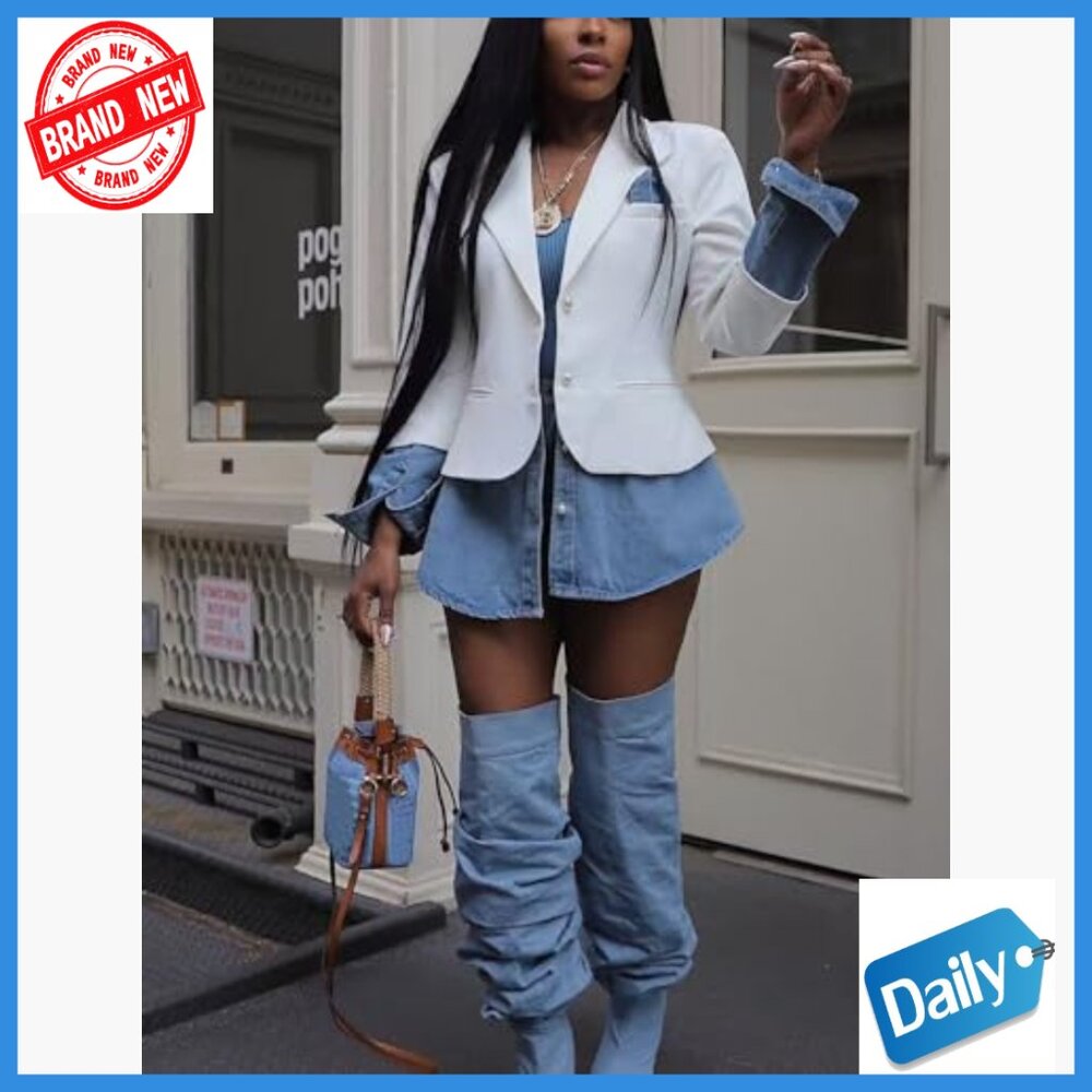 Long Sleeve Denim Patchwork Blazer Jacket Casual … - image 5